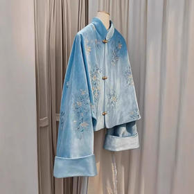丁摩 新中式国风小个子立领盘扣唐装减龄蓝色印花丝绒外套女秋5ZF-9293