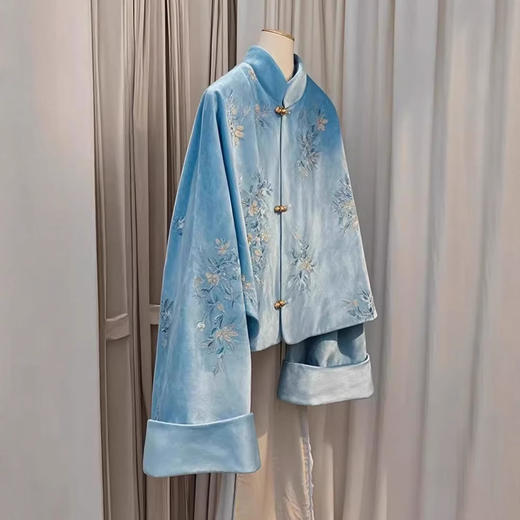 丁摩 新中式国风小个子立领盘扣唐装减龄蓝色印花丝绒外套女秋5ZF-9293 商品图0