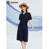 波顿女士春夏季天丝连衣裙高端时尚系带美式休闲翻领裙子LD255224 商品缩略图0