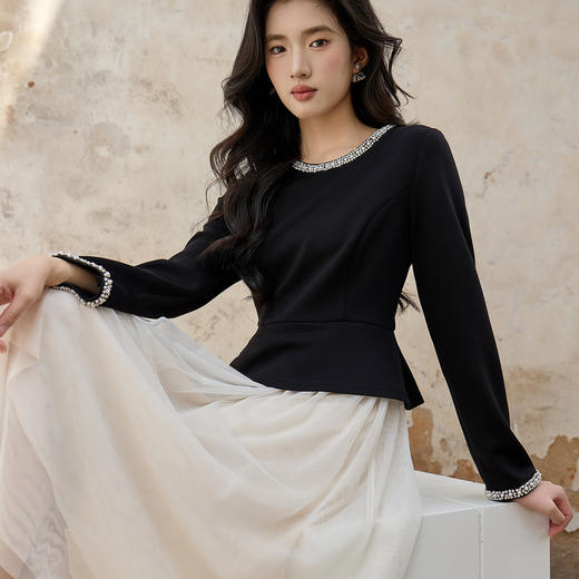 奢姿大码女装2025秋季减龄钉珠假两件拼接连衣裙胖妹妹圆领裙子9953894318 商品图2