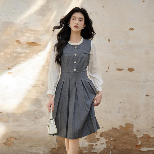 奢姿大码女装2025秋季减龄学院风拼接连衣裙胖妹妹时尚百褶裙子9953853598 商品图0