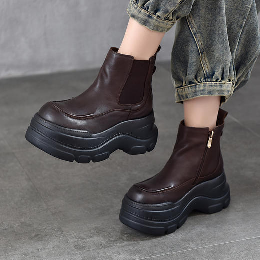 TN T6782-715厚底增高真皮短靴松紧切尔西靴烟筒靴 商品图2