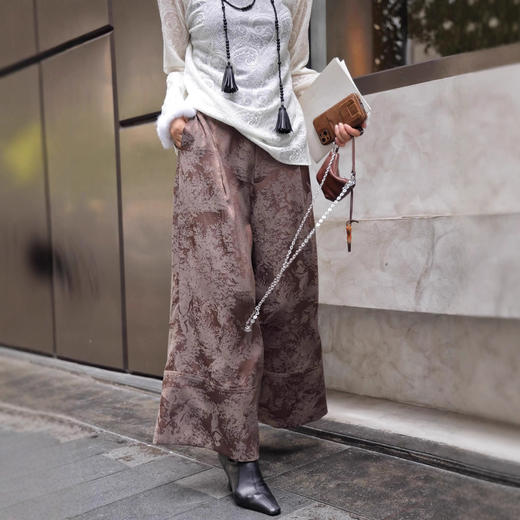 XH000三色秋季新款南油醋酸提花阔腿裤新中式国风复古百搭气质九分裤女 商品图3