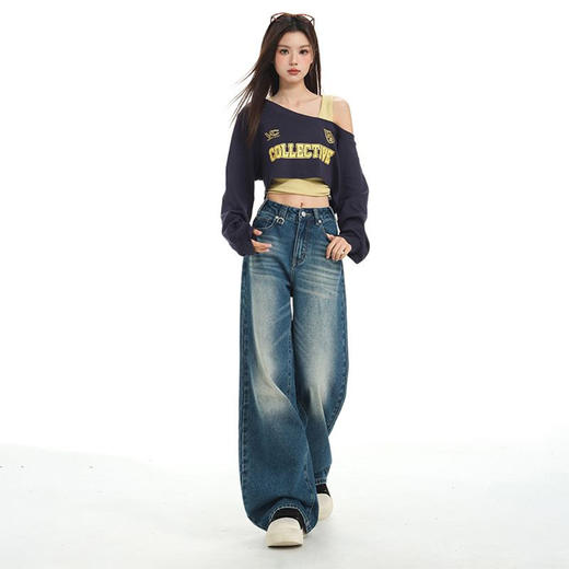 罗蒙女士牛仔裤怀旧色阔腿裤复古宽松垂感直筒裤显瘦慵懒感百搭拖地裤 商品图7