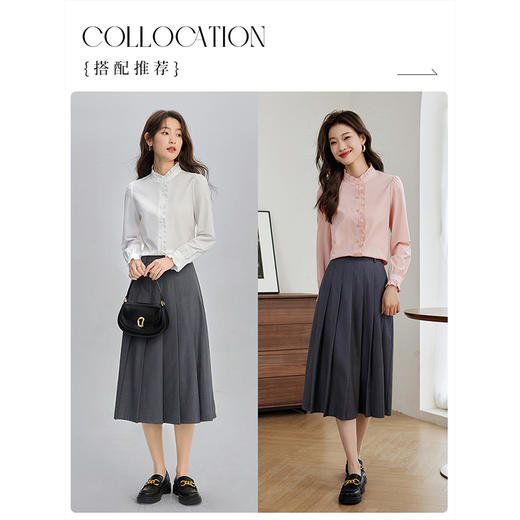 【年终特卖】熙世界春日衬衫长袖2025新款法式木耳边立领上衣泡泡袖粉色衬衣 商品图4