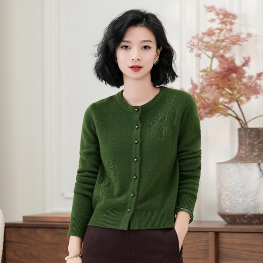 西子/【只此松绿】100羊毛精致百搭刺绣绿色针织衫/MSTJ361 商品图4