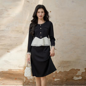 奢姿大码女装2025秋季减龄亮片拼接连衣裙胖妹妹纽扣装饰圆领裙子9953894263