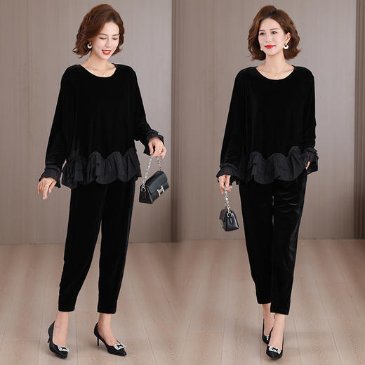 2025复古洋气中年妈妈减龄丝绒裙摆上衣宽松阔腿小脚裤显瘦套装 商品图3