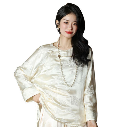 T8066秋新款上衣中式改良斜襟外搭真丝冠乐绉提花衬衫桑蚕丝女装 商品图4