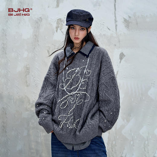 BJHG不计后果重磅北极绒银丝珍珠毛衣男秋季情侣针织衫圆领毛衣女 商品图2