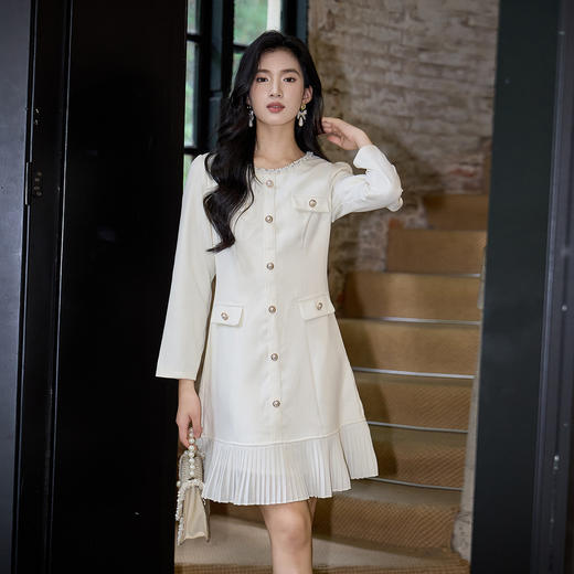 奢姿大码女装2025秋季减龄钉珠百褶拼接连衣裙胖妹妹时尚圆领裙子9953853680 商品图2