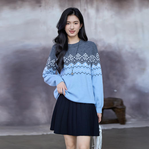 奢姿大码女装2025秋季时尚雪花图案几何拼色毛衣胖妹妹气质针织衫9553670282 商品图4