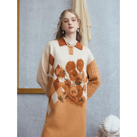 两三事梵高文艺 里约日落 2025冬季新款复古向日葵拼色针织连衣裙 商品图1