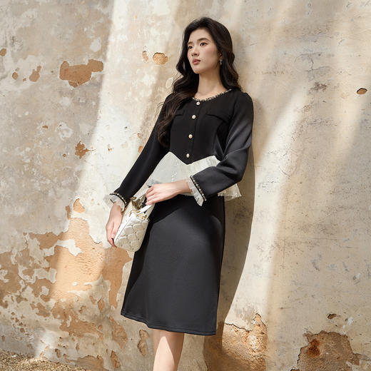 奢姿大码女装2025秋季减龄亮片拼接连衣裙胖妹妹纽扣装饰圆领裙子9953894263 商品图1