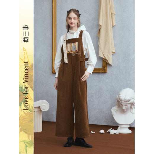 两三事梵高文艺慢调旧金山2025冬新款刺绣印花口袋不对称背带裤女 商品图0