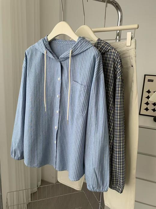 丁摩 全棉色织条纹连帽新春秋薄款休闲风格子长袖排扣衬衫女韩版5ZF-7839 商品图2