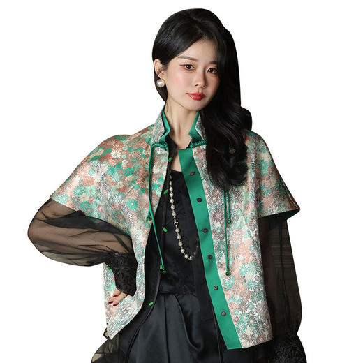 新中式女装改良唐装上衣国风盘扣绿色小雏菊坎肩斗篷式马甲 商品图4