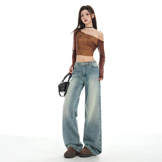 罗蒙秋冬牛仔裤女士阔腿直筒宽松高腰休闲长裤窄版显瘦垂感拖地裤子 商品图5