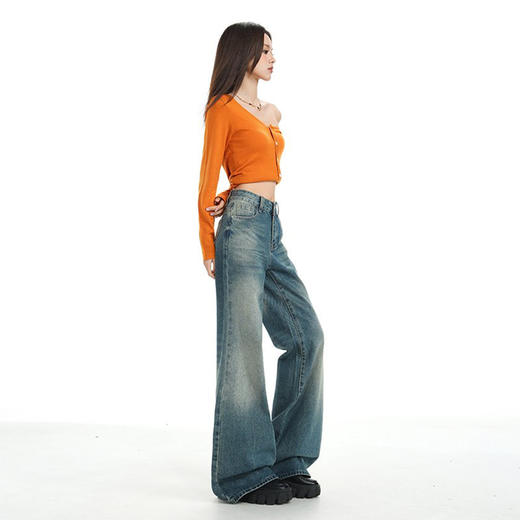 罗蒙女士牛仔裤美式复古蓝微喇阔腿高腰宽松垂感百搭拖地喇叭长裤 商品图5