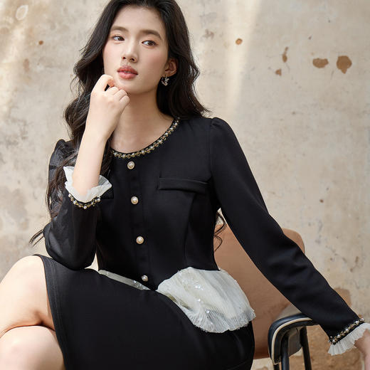 奢姿大码女装2025秋季减龄亮片拼接连衣裙胖妹妹纽扣装饰圆领裙子9953894263 商品图2