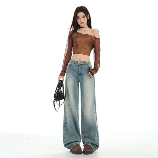 罗蒙秋冬牛仔裤女士阔腿直筒宽松高腰休闲长裤窄版显瘦垂感拖地裤子 商品图4