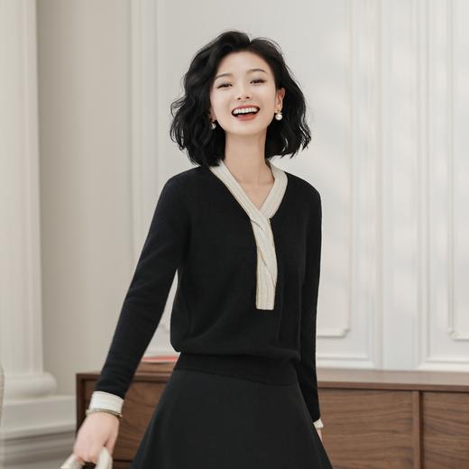 西子/青春再现法式优雅V领设计感纽结羊毛黑色针织衫/MSHY036 商品图1