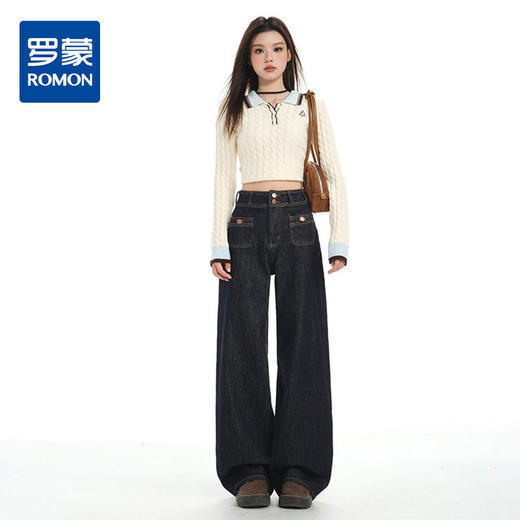 罗蒙女士牛仔裤金扣裤子显瘦深蓝色直筒裤百搭休闲阔腿宽松拖地牛仔裤 商品图1