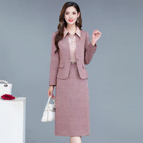 QYMYJ-25B268-Y豆沙粉时尚连衣裙小西装外套+连衣裙两件套秋季新款女士套装
