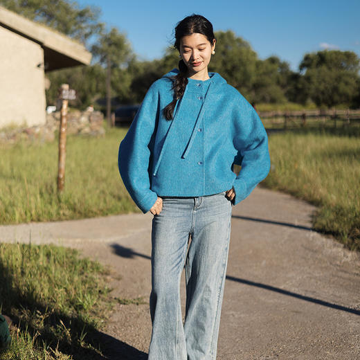 绽放646朵/绵羊毛设计感连身袖带帽短款毛呢外套新款呢大衣女秋冬 商品图3