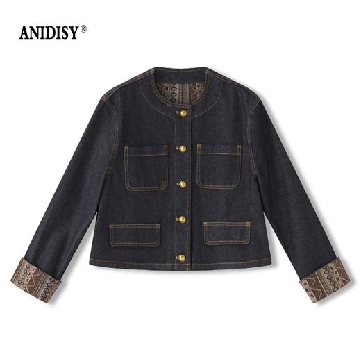 复古拼接圆领长袖单排扣牛仔短款外套 商品图4