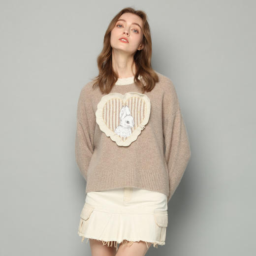 羚荌渼圆领立体绣花绞花贴布绣女羊绒衫 商品图2