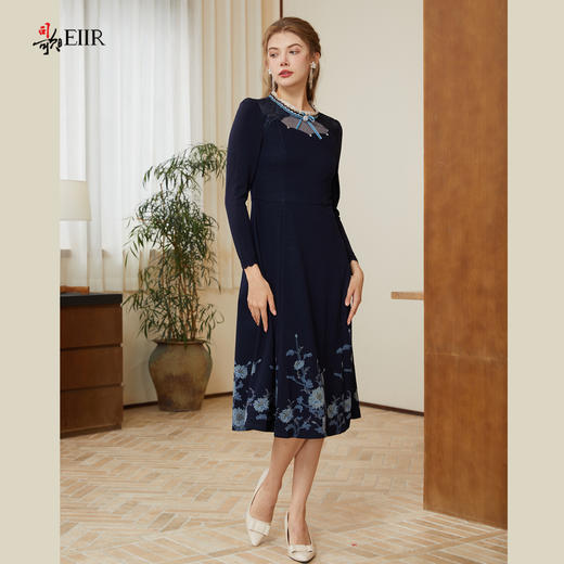 司歌弹力拼毛织收腰冬连衣裙绣花复古优雅A901122X 商品图2