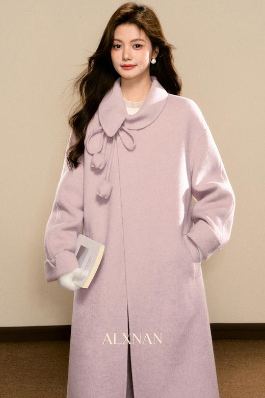 鹿向南「油画风铃」设计感粉红色长款毛呢外套大衣女秋冬宽松显瘦 商品图5