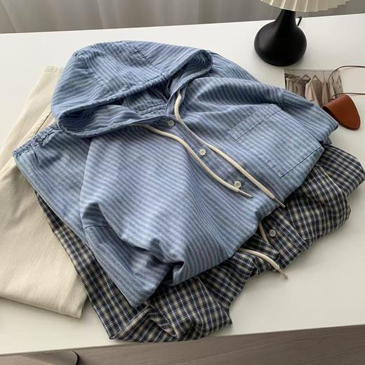 丁摩 全棉色织条纹连帽新春秋薄款休闲风格子长袖排扣衬衫女韩版5ZF-7839 商品图0