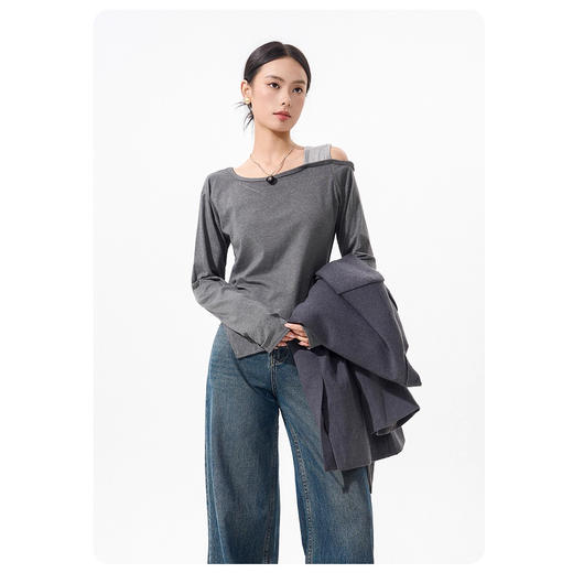【79/任选2件 斜肩软软打底衫】早秋韩系设计感挂脖斜肩打底衫上衣时尚气质长袖宽松显瘦露肩打底 商品图8