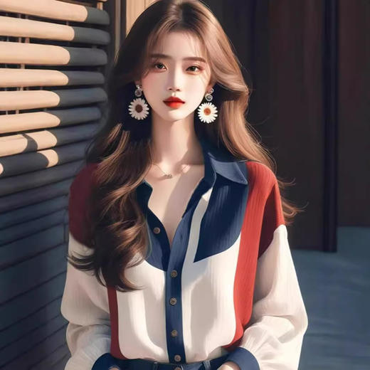 丁摩新款女装高级感独特超好看宽松上衣撞色灯笼袖衬衫5ZF-9448 商品图2