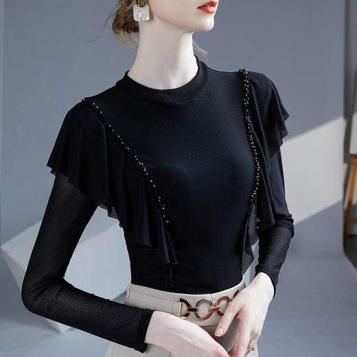 雀说新款荷叶边钉珠打底衫网纱长袖洋气时尚女上衣小衫AL36760 商品图1