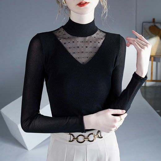 雀说新款半高领网纱长袖打底衫时尚内搭打底小衫女式上衣AL36222 商品图3