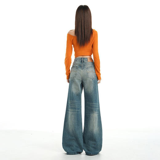 罗蒙女士牛仔裤美式复古蓝微喇阔腿高腰宽松垂感百搭拖地喇叭长裤 商品图6