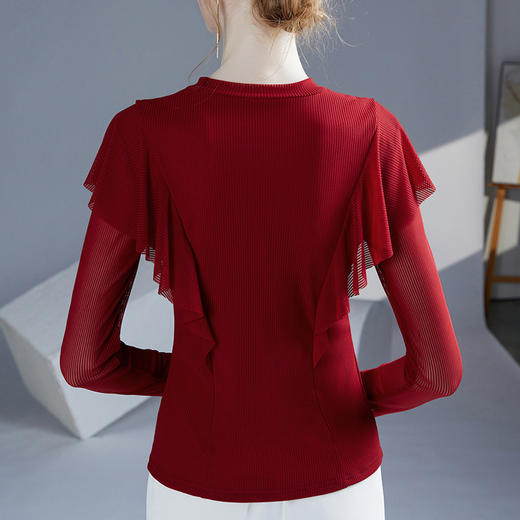 雀说新款荷叶边钉珠打底衫网纱长袖洋气时尚女上衣小衫AL36760 商品图4