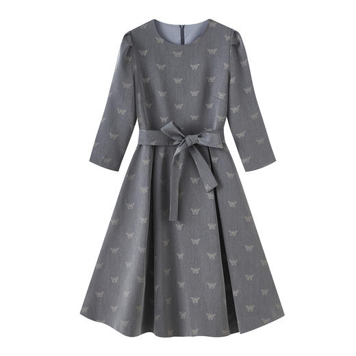 「高货wl」全新升级【铂金会员330/天猫439/差价109】(52724)洛诗琳法式复古蝴蝶提花连衣裙2025秋季系带收腰大摆A字裙 商品图4