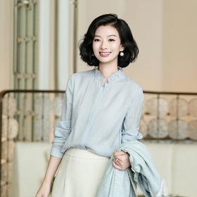 西子/微风情书醋酸气质简约百搭木耳边领灰蓝色衬衫/SYBH1888