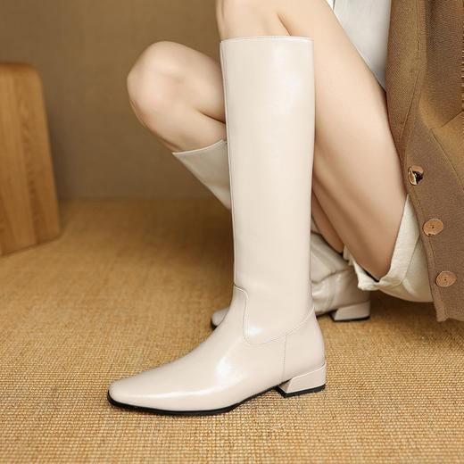 【预售7天】全真皮~秋冬方头粗跟平口高筒马靴百搭直筒靴不过膝长筒骑士靴女NJMK&K1762 商品图2