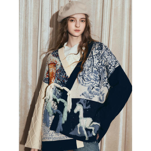 两三事梵高文艺悉尼海岸2025冬新款流苏盘扣不对称花色毛衣外套女 商品图2