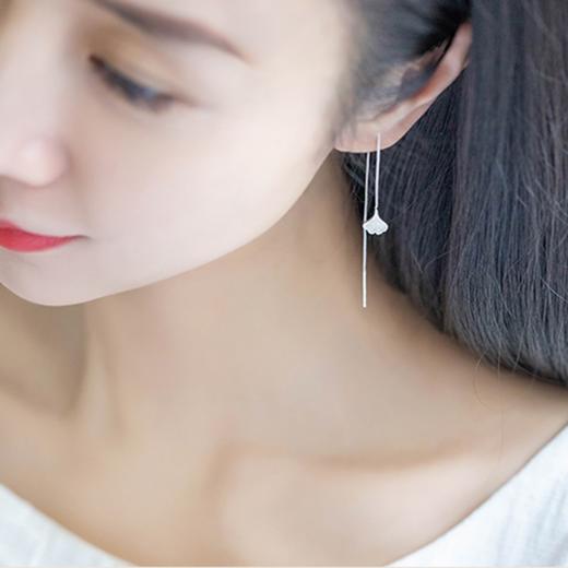 【银杏纯银耳线】敦煌小众S925纯银杏叶耳线 链长款耳环显脸瘦耳饰 素银气质女个性 商品图2