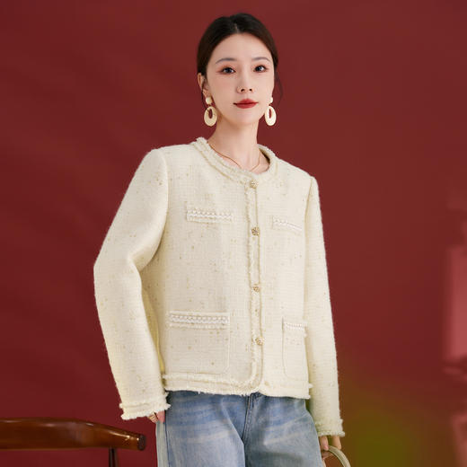 丁摩法式小香风桑蚕丝短外套新款高级感显瘦白色上衣女AL1207 商品图2