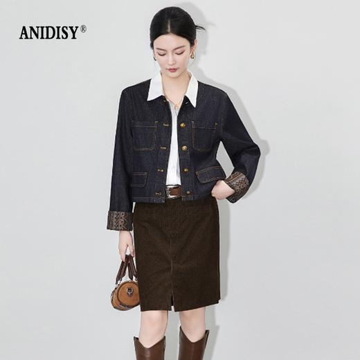 复古拼接圆领长袖单排扣牛仔短款外套 商品图1