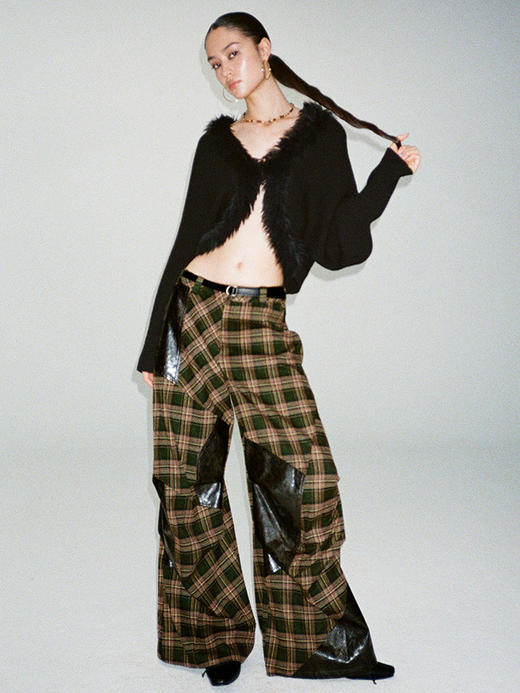 TR她热 经纬革调 棕绿色格纹拼接PU皮设计感休闲复古阔腿裤 商品图0