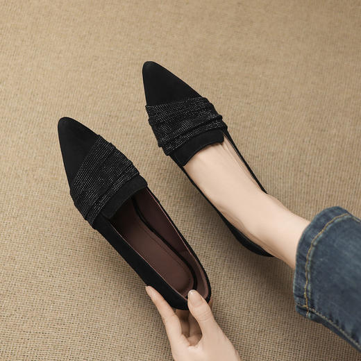 【预售5天】秋季新款法式尖头中口单鞋女水钻粗跟软底不累脚通勤鞋JLY&18-785 商品图4