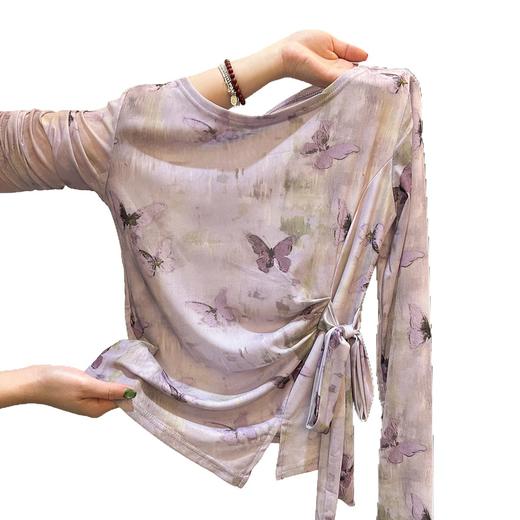 百媚生 别致抽象蝴蝶印花长袖网纱上衣3726 商品图4